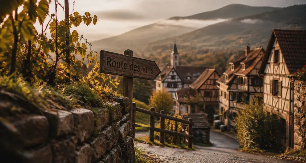 A visiter en alsace haut rhin : village viticole sur la route des vins et crêtes vosgiennes brumeuses