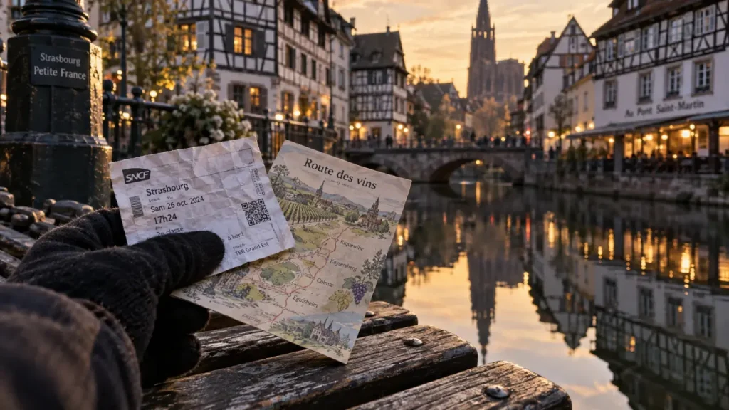 Ticket et carte Alsace près d’un quai, Strasbourg et Colmar