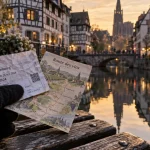 Ticket et carte Alsace près d’un quai, Strasbourg et Colmar