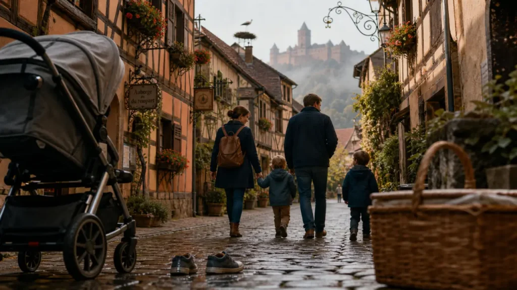 Alsace week end famille : ruelle aux colombages, poussette et vue châteaux au loin