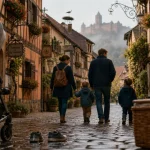 Alsace week end famille : ruelle aux colombages, poussette et vue châteaux au loin