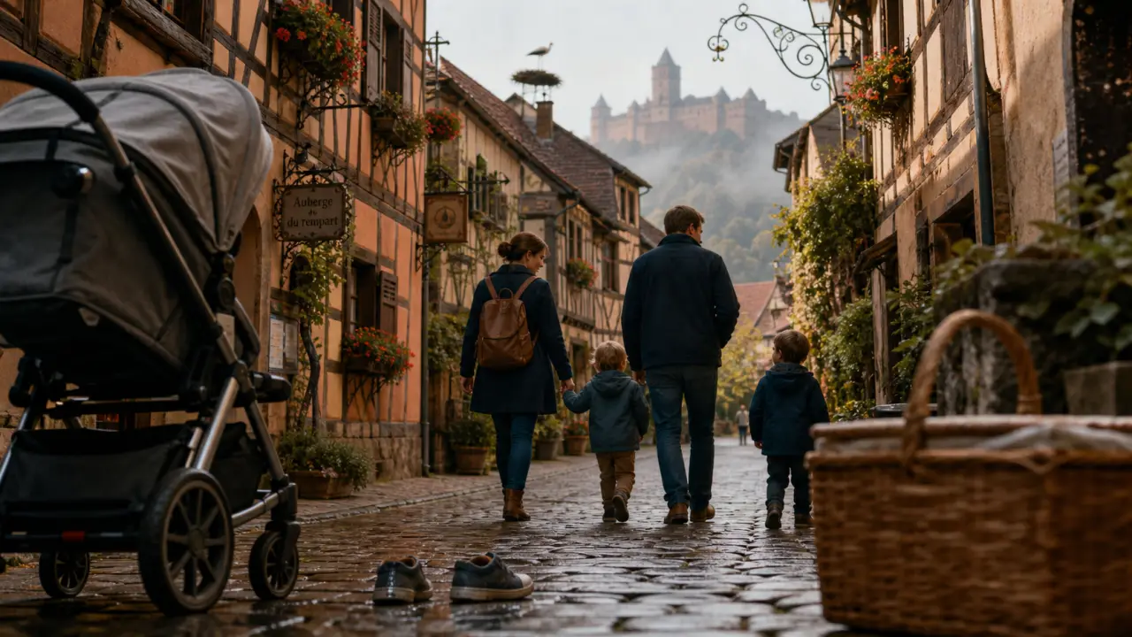 Alsace week end famille : ruelle aux colombages, poussette et vue châteaux au loin
