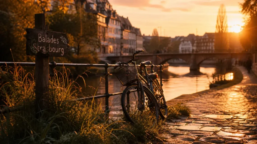 Balades strasbourg : chemin le long du canal à Strasbourg au golden hour, reflets et pont