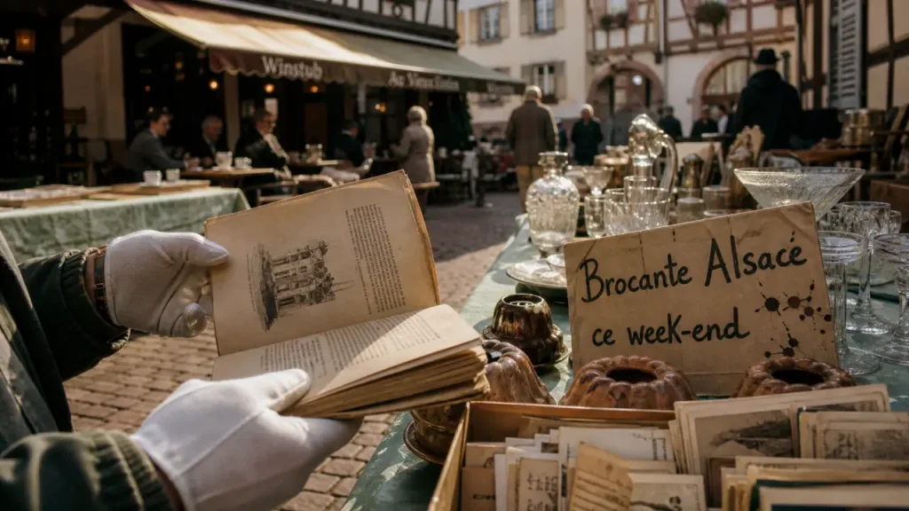Brocante en alsace ce week end, allée de village avec stands et objets anciens