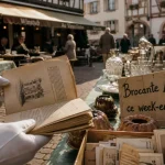 Brocante en alsace ce week end, allée de village avec stands et objets anciens