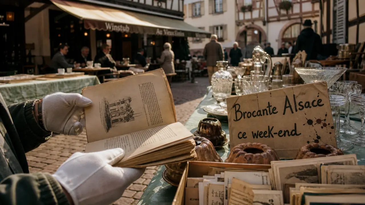 Brocante en alsace ce week end, allée de village avec stands et objets anciens