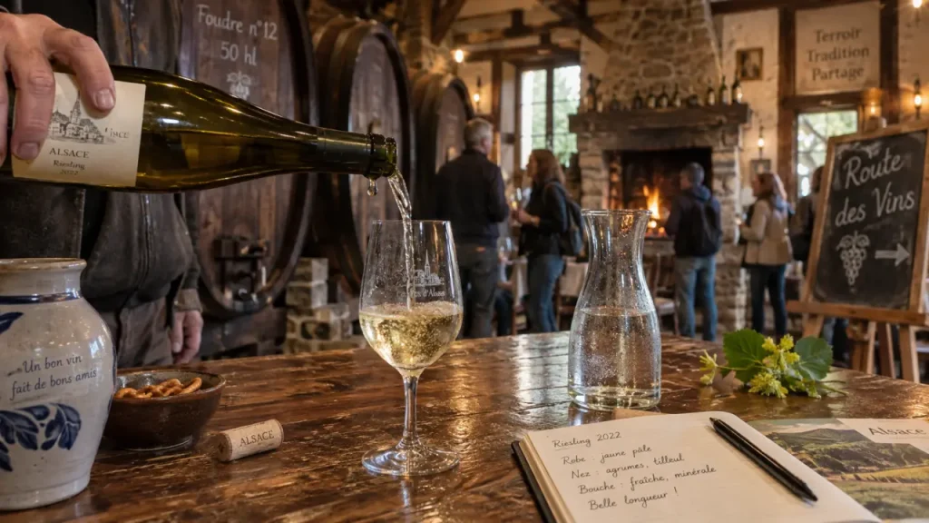 Cave a visiter alsace : table de dégustation en cave alsacienne