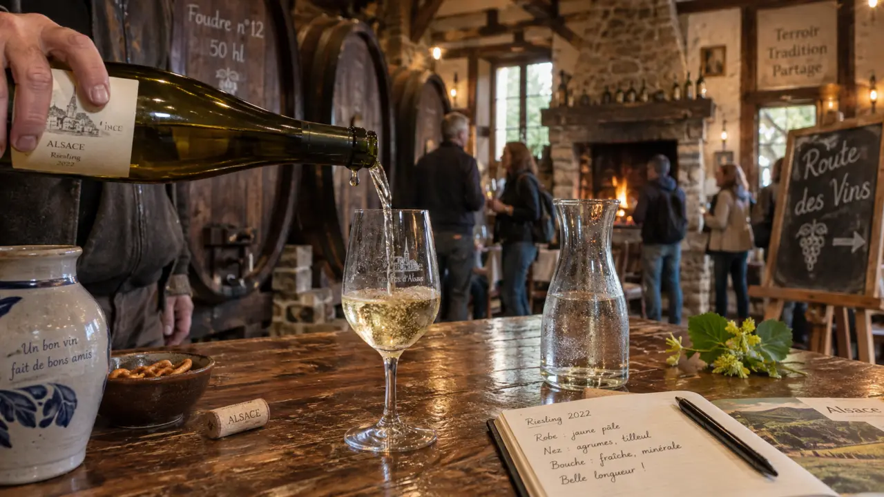 Cave a visiter alsace : table de dégustation en cave alsacienne