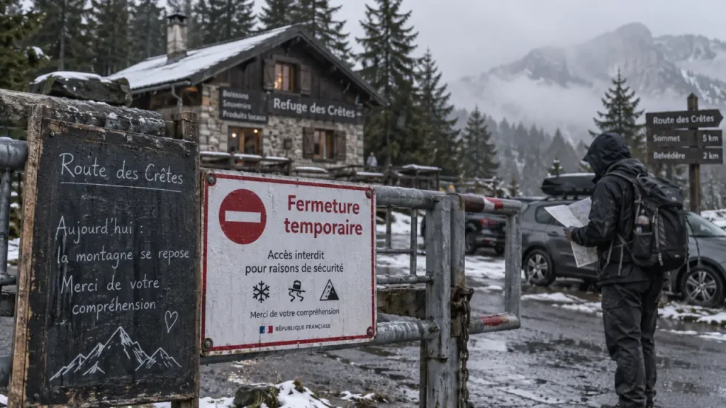 Chalet hôtel du grand ballon fermé, route des Crêtes et panneau « fermeture temporaire »