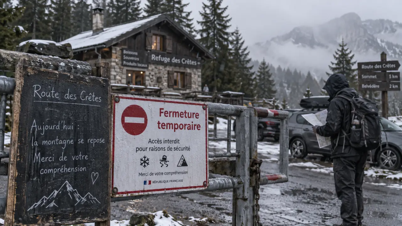 Chalet hôtel du grand ballon fermé, route des Crêtes et panneau « fermeture temporaire »