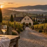 Domaine du Bollenberg en Alsace : allée de gravier et rangs de vignes