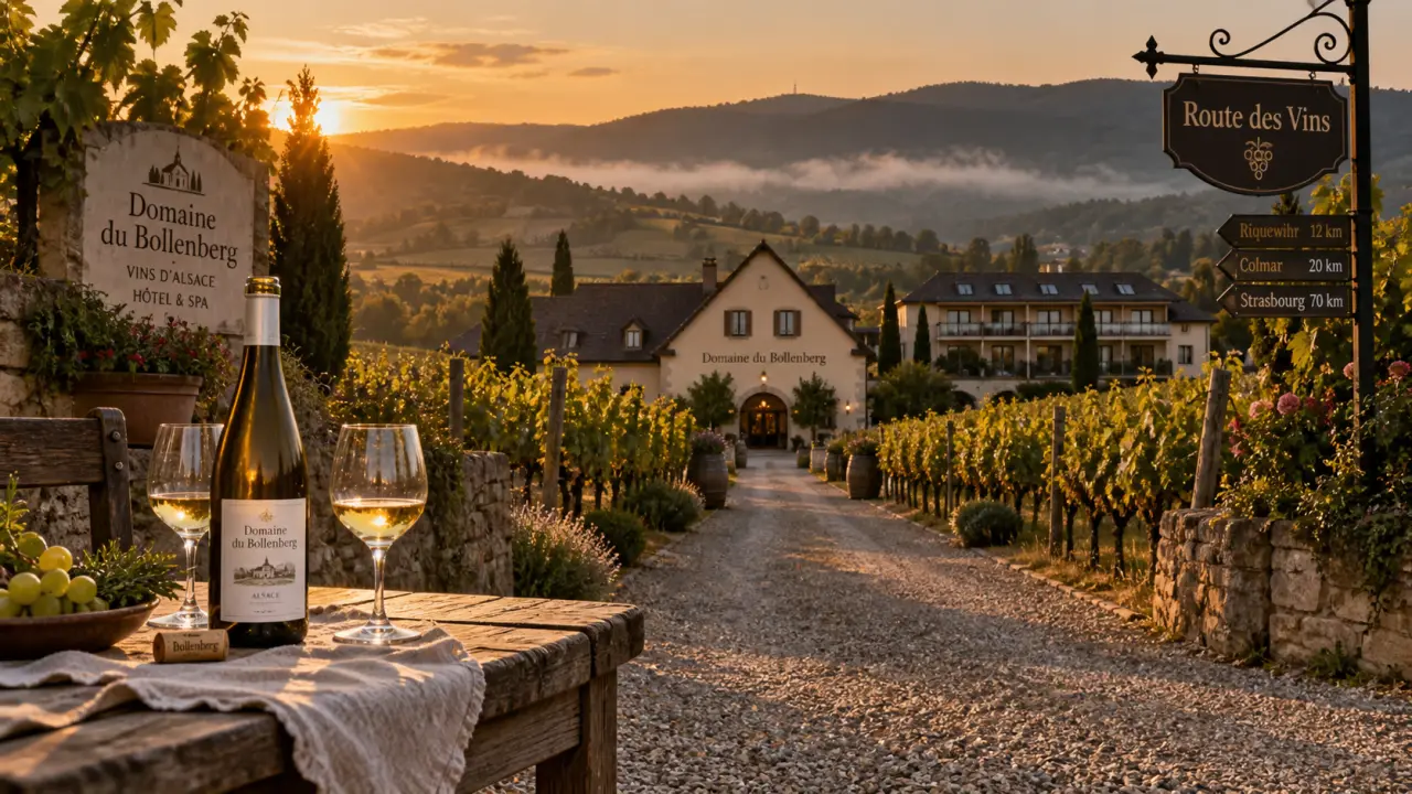 Domaine du Bollenberg en Alsace : allée de gravier et rangs de vignes