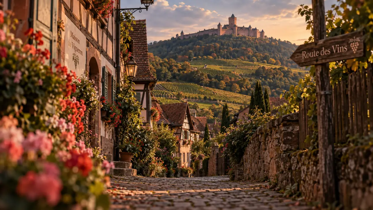 Endroits à visiter en Alsace : ruelles viticoles et Route des Vins près du Haut-Koenigsbourg