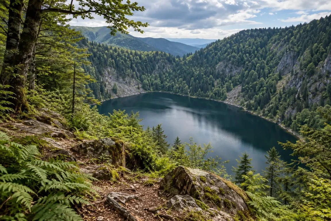 Lac de Schiessrothried au cœur des Vosges vu depuis un sentier de randonnée