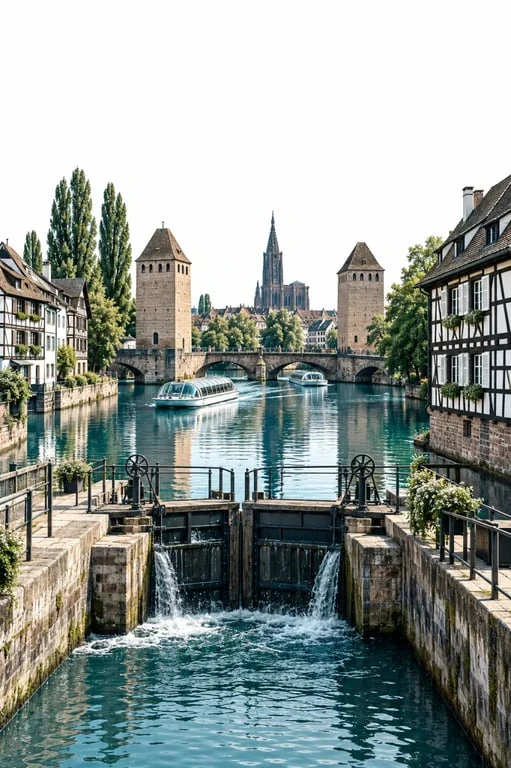 Écluse de Strasbourg dans le quartier de la Petite France avec les ponts couverts