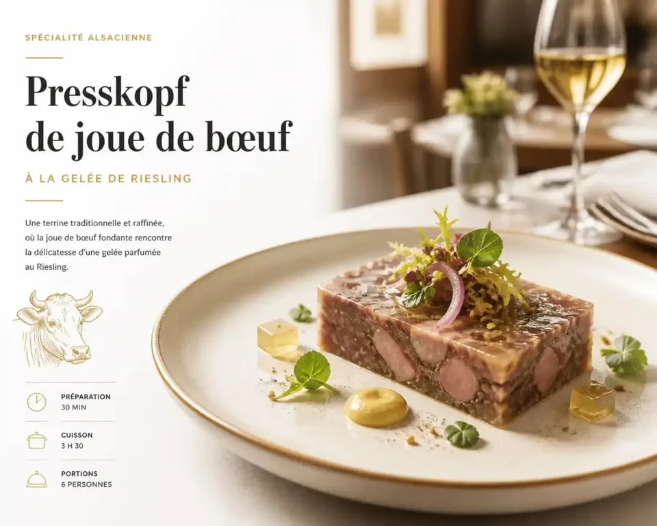 Presskopf de joue de bœuf à la gelée de Riesling, une spécialité gastronomique servie dans un restaurant Cheval Blanc en Alsace.