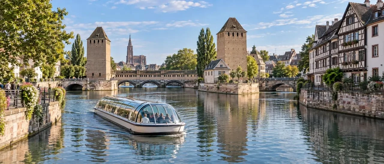 Balade canaux Strasbourg devant les maisons à colombages de la Petite France
