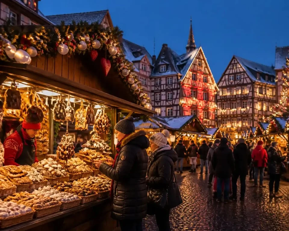 Marché de Noël de Colmar hiver avec chalets et illuminations