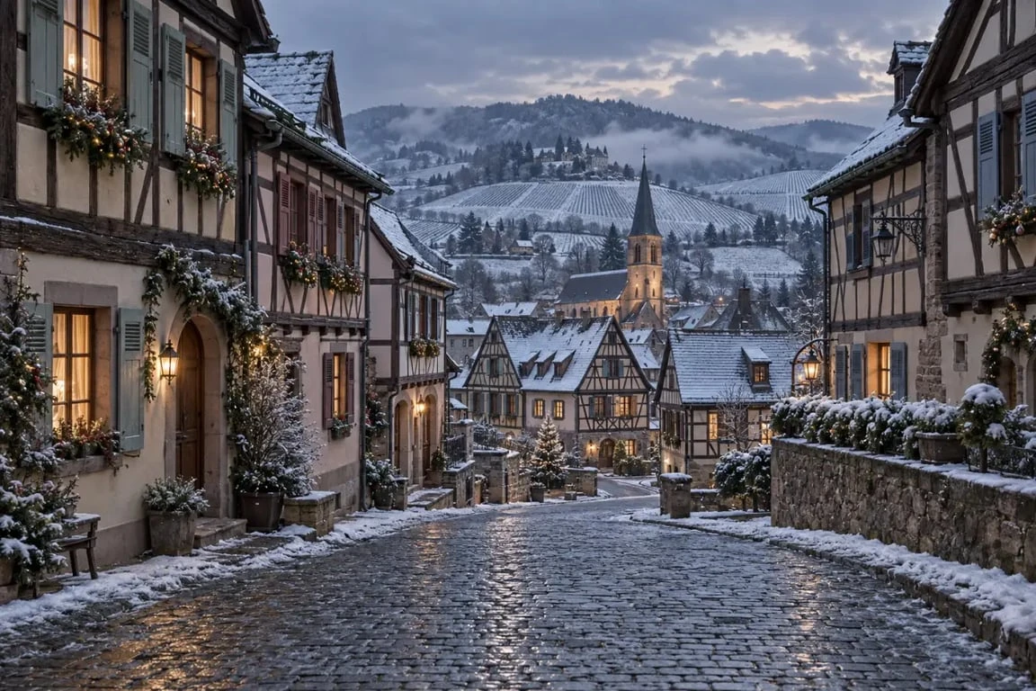Colmar hiver et village alsacien décoré sur la Route des vins