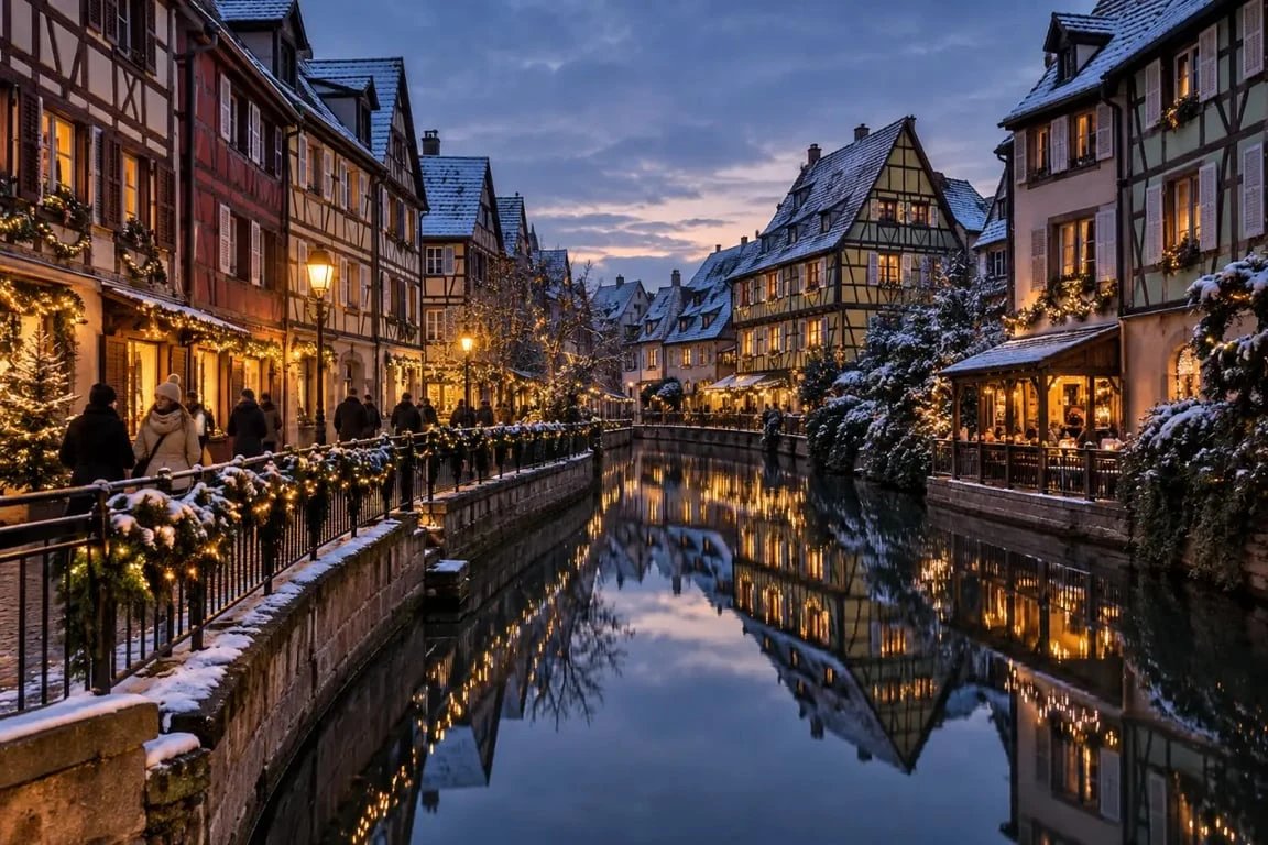 Colmar hiver à la Petite Venise illuminée au bord de la Lauch