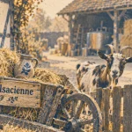 Ferme a visiter alsace : chèvre près du foin dans une cour de ferme