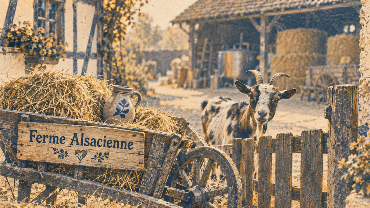 Ferme a visiter alsace : chèvre près du foin dans une cour de ferme