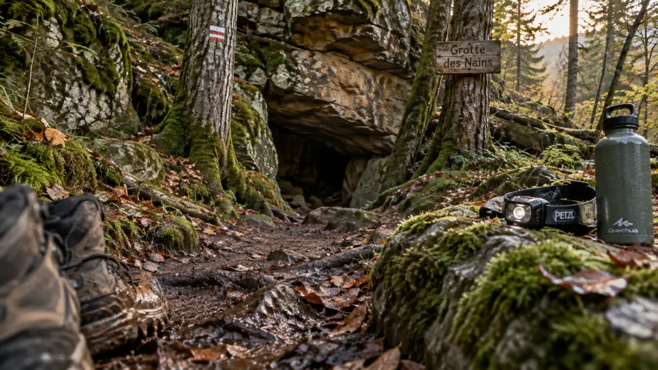Grotte à visiter Alsace : sentier boueux vers la Grotte des Nains