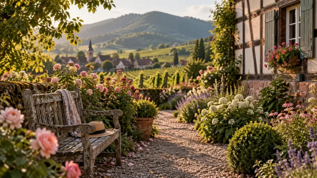 Jardin a visiter alsace : roseraie, banc en bois, allée au soleil
