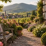 Jardin a visiter alsace : roseraie, banc en bois, allée au soleil