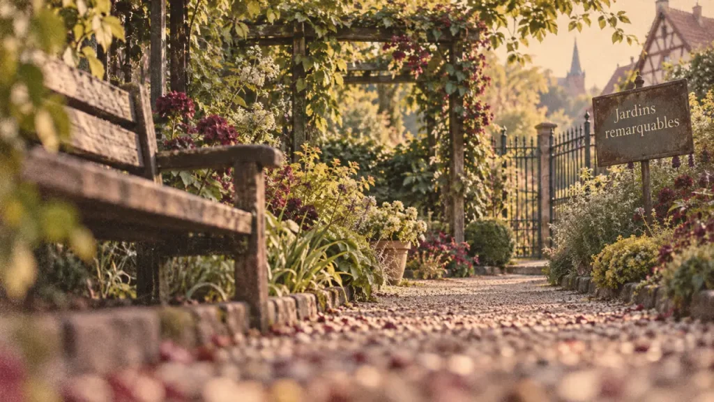 Jardins a visiter en Alsace : allée fleurie, banc et pergola en jardin