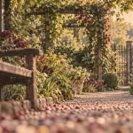 Jardins a visiter en Alsace : allée fleurie, banc et pergola en jardin