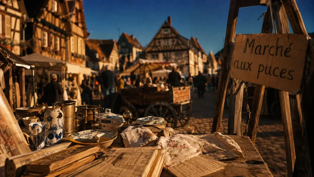Marché aux puces ce week end en Alsace : table de brocante en village, vue rue