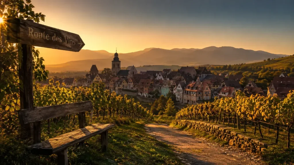 Que faire en alsace en ete : vignes et village à Riquewihr au coucher du soleil