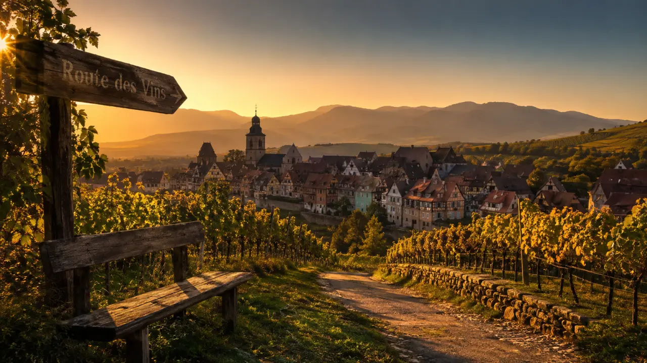 Que faire en alsace en ete : vignes et village à Riquewihr au coucher du soleil