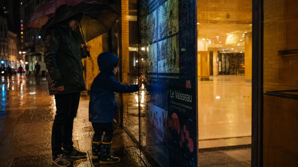 Que faire en Alsace quand il pleut avec des enfants : visite au Vaisseau à Strasbourg, enfants sous parapluies