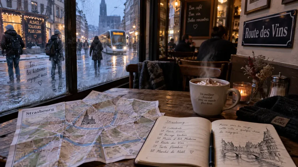 Que faire pendant les vacances de février en Alsace : chocolat chaud à Strasbourg sous la neige