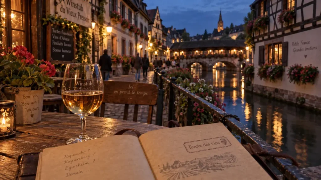 Que faut il visiter en alsace : ruelle alsacienne à colombages et vin de la route des vins