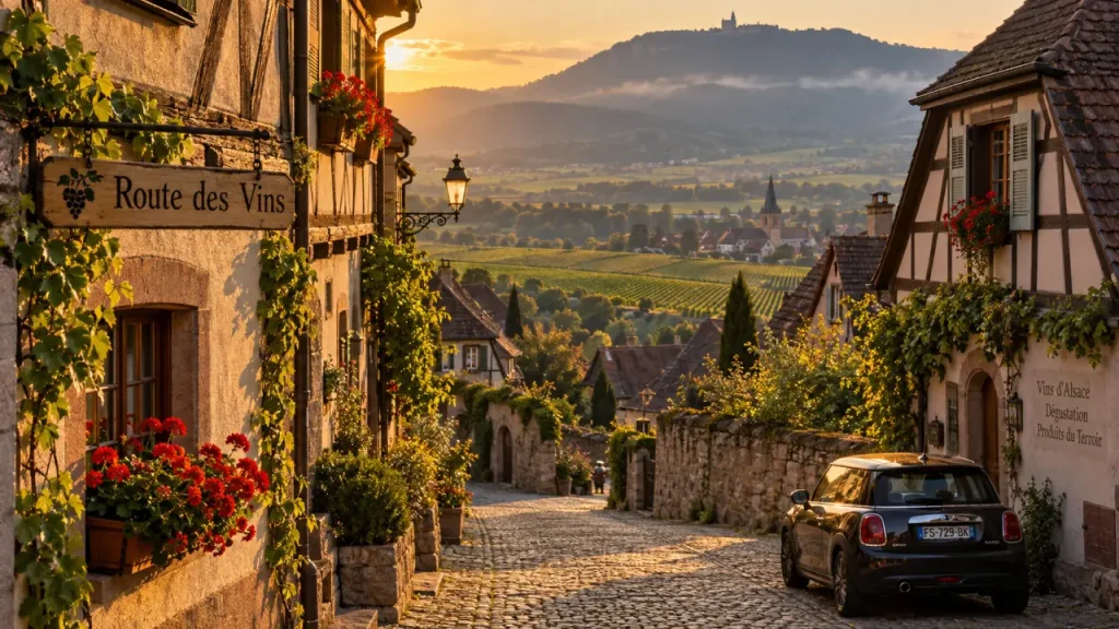 Que visiter en alsace au printemps : ruelle, maisons à colombages, vignes et Route des Vins