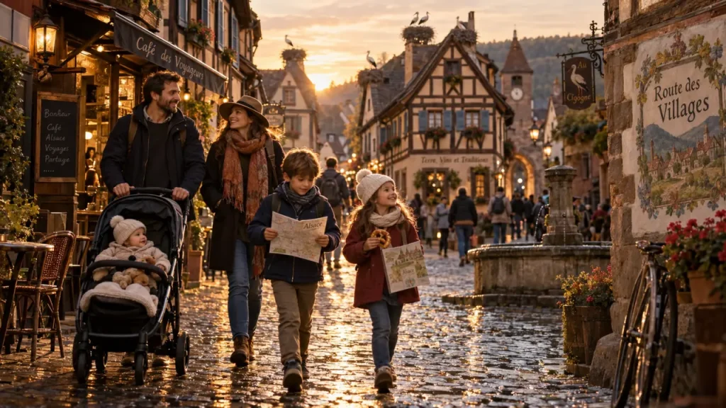 Que visiter en Alsace en famille : café dans un village à colombages