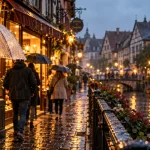 Que visiter en Alsace quand il pleut : parapluie et rue mouillée à Colmar