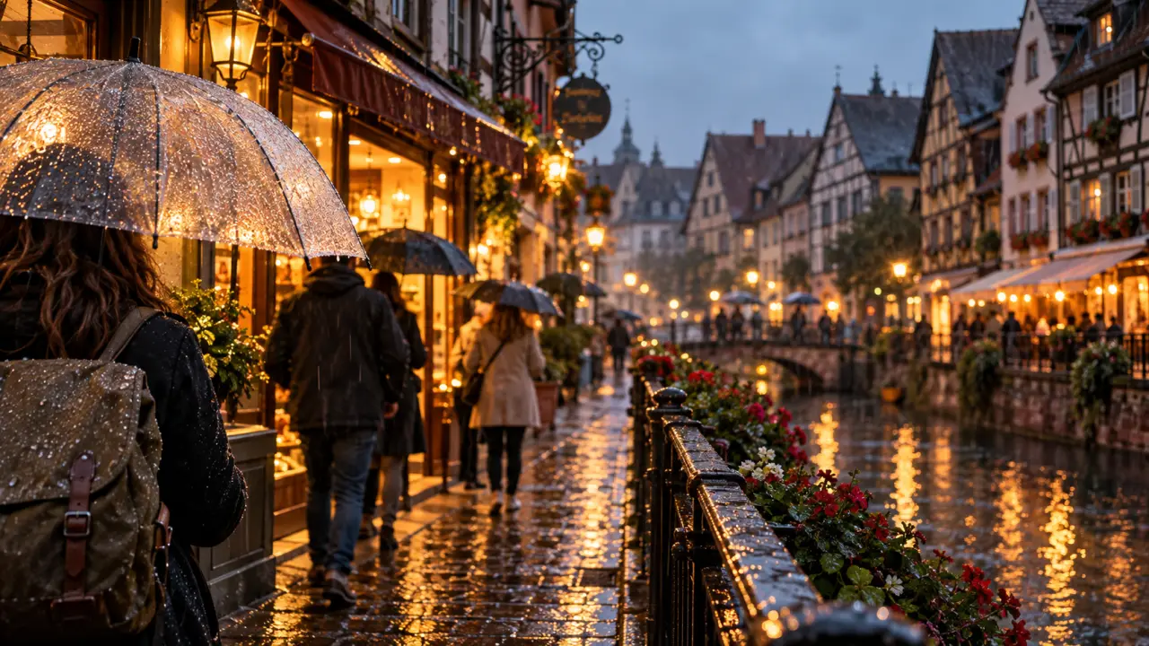 Que visiter en Alsace quand il pleut : parapluie et rue mouillée à Colmar
