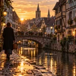 Quelle ville visiter en Alsace : ruelles et canal de Colmar au golden hour