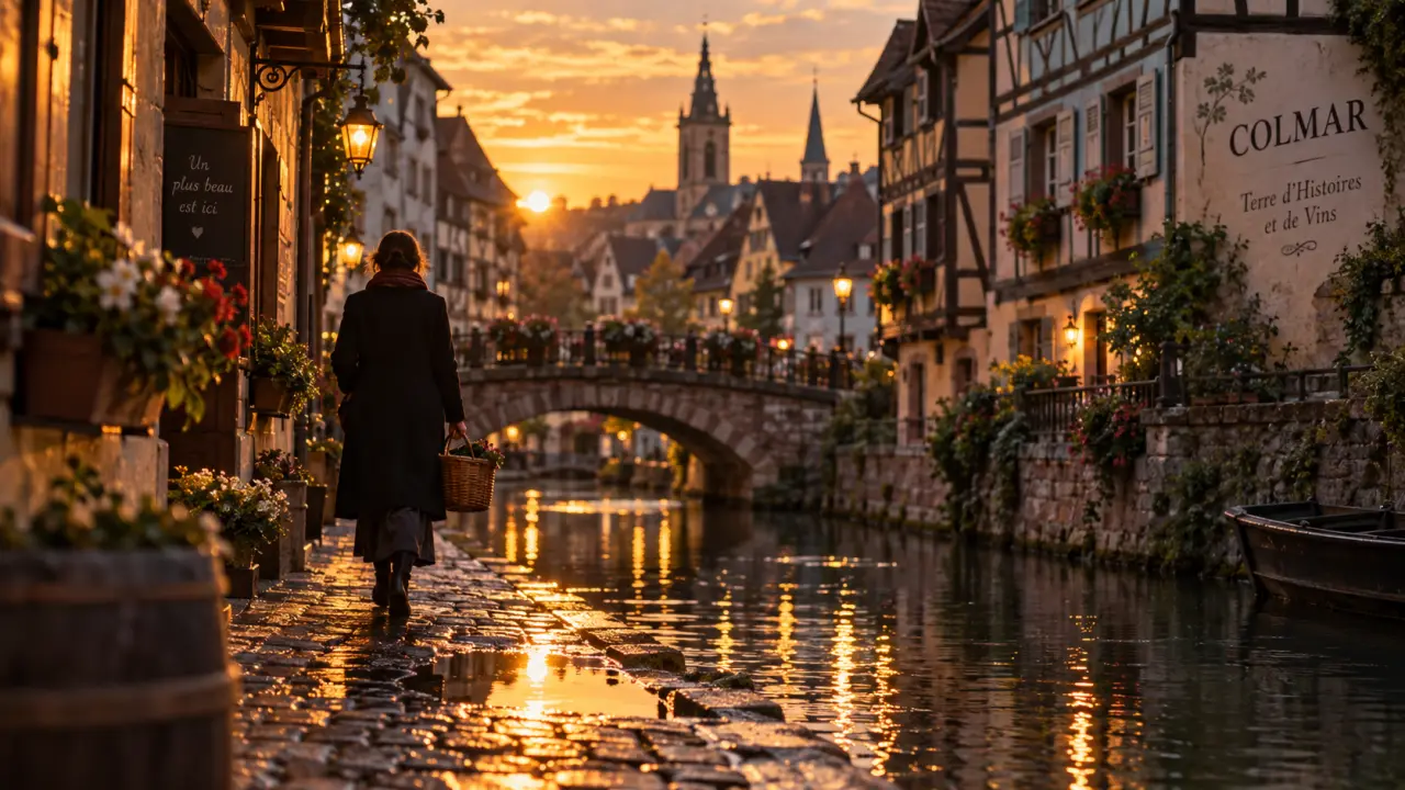 Quelle ville visiter en Alsace : ruelles et canal de Colmar au golden hour