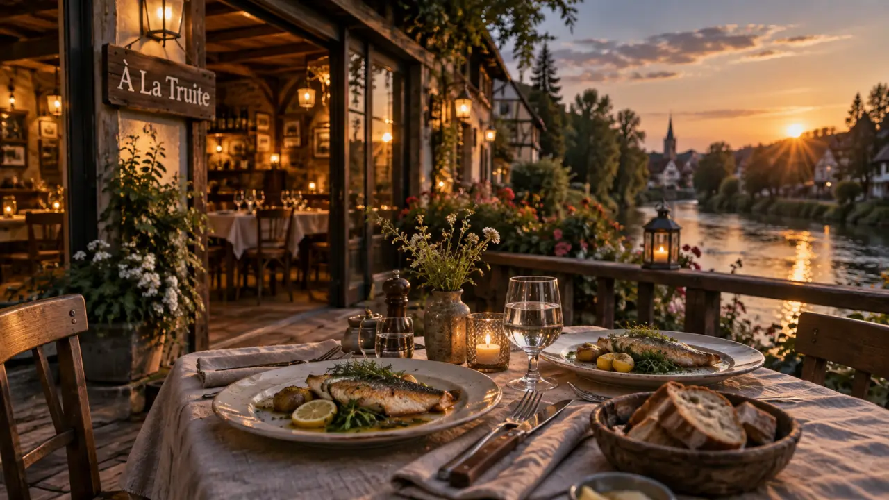 Restaurant la truite alsace à Illhaeusern, vue sur l’Ill et truite du vivier