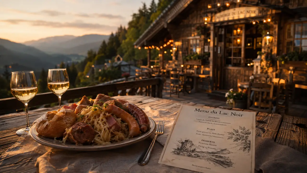 Restaurant Orbey Alsace sur terrasse : choucroute et menu du Lac Noir, golden hour