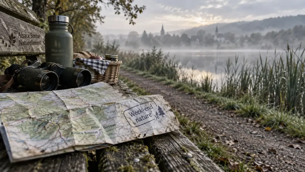 Sortie en Alsace Bossue ce week end : carte froissée et gourde près d’un étang