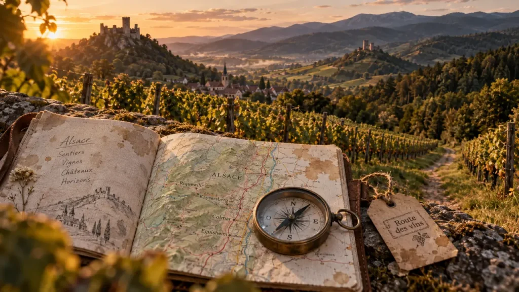 Vacances randonnée Alsace : carnet et carte sur un sentier de vignes et crêtes
