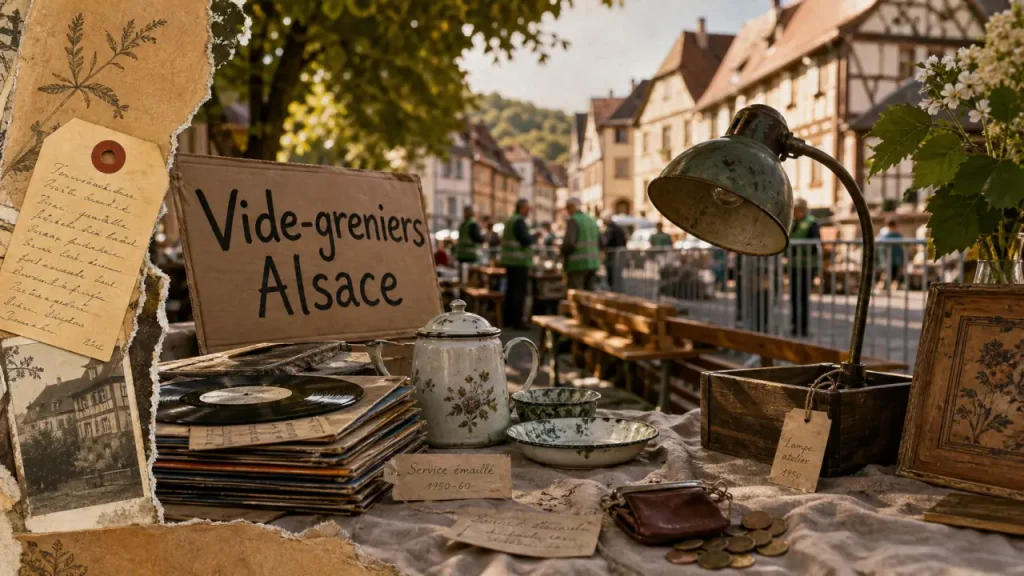 Vide grenier alsace ce week end : objets chinés sur table