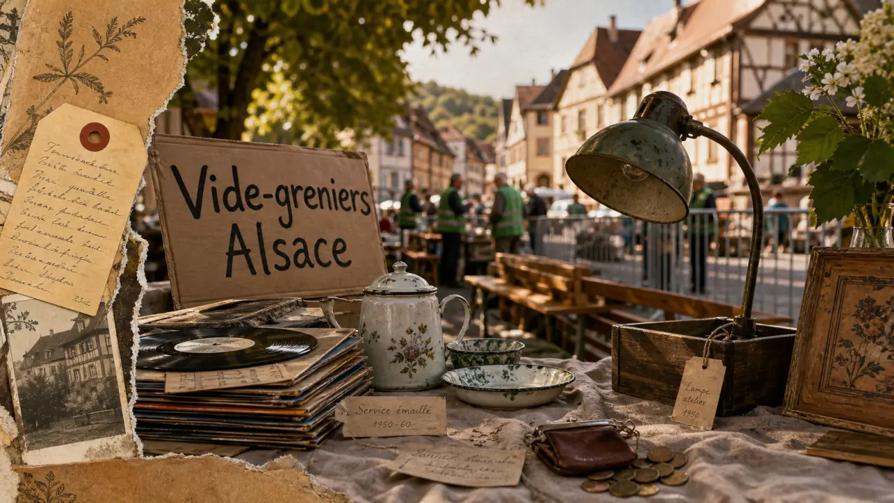 Vide grenier alsace ce week end : objets chinés sur table