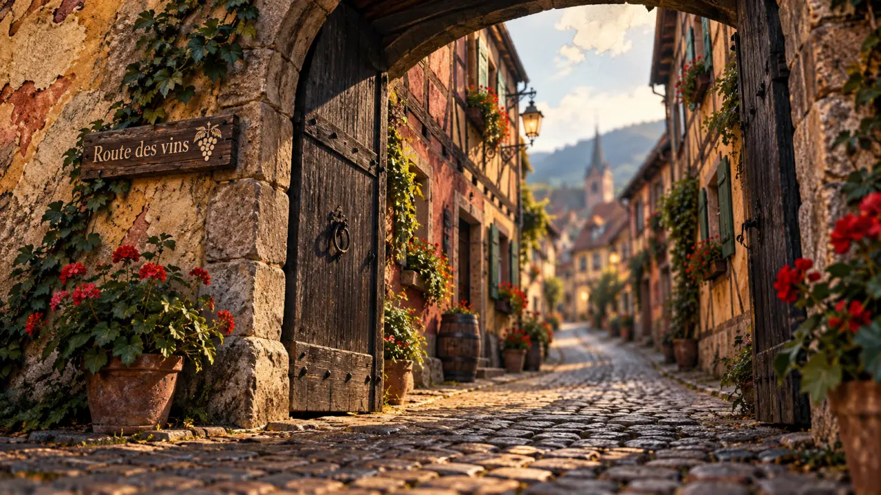 Villages alsace à visiter : ruelle en pierres et colombages, porte cochère et géraniums
